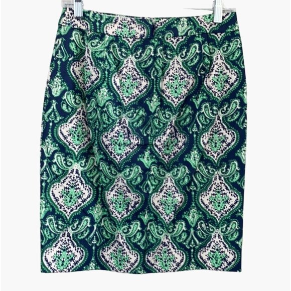 J Crew Paisley Pencil Skirt Women's Size 0 Blue Green Work Cruise Vacation Summe - Picture 5 of 8